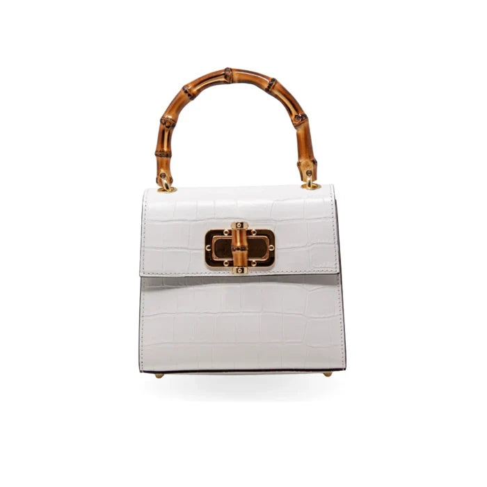 Genuine Italian Leather Bamboo Handle Bag in White - Mildred Hoit