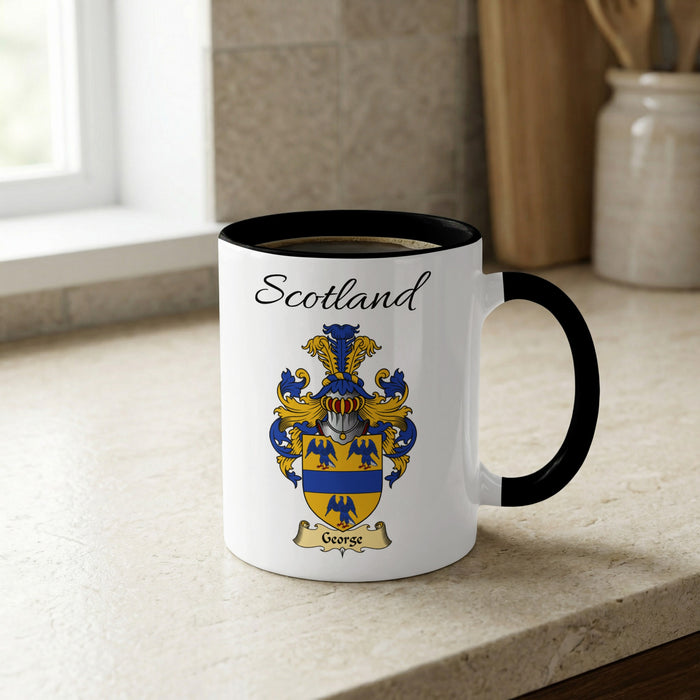George Scottish family crest accent mug with Scotland lettering and coat of arms artwork