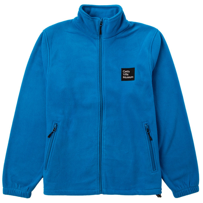A blue full-zip fleece jacket with the Getty Villa Museum logo embroidered on the chest, against a plain background.