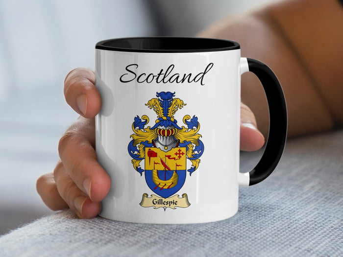 Gillespie Scottish family crest accent mug with Scotland above the coat of arms design