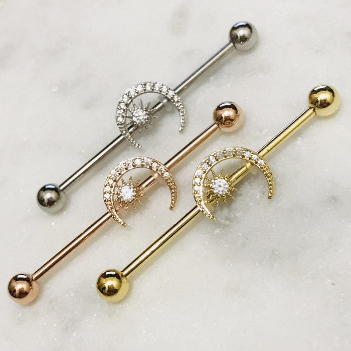 Gold Plated Moon Star Industrial 14G 38mm-My Body Piercing Jewellery