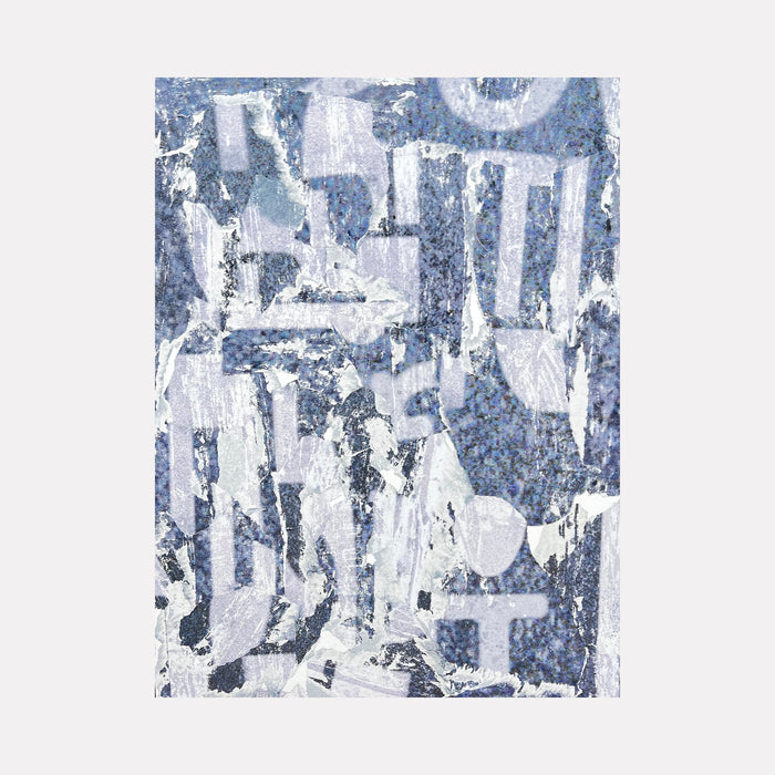 The artwork "Grey Convo 2" features an abstract collage of distressed textures and fragmented shapes in varying shades of grey and blue. Layers of torn paper and overlapping geometric forms create a dynamic, textured composition with a hint of urban decay. The piece is by Amy Turner.