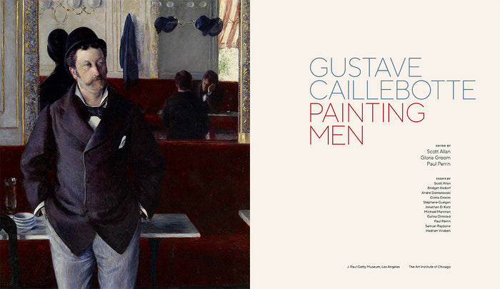 Artistic depiction of a man in a room with a painting on the wall, featuring the text 'Gustave Caillebotte Painting Men'.