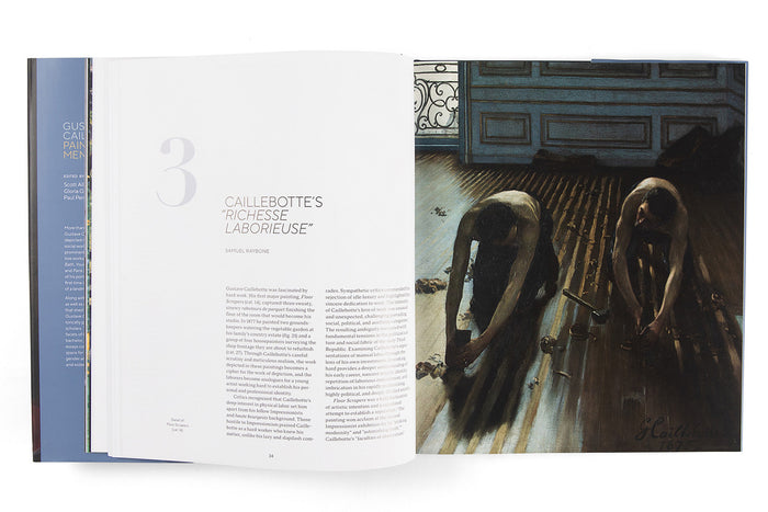Open book showing a painting of two figures in a room with architectural details.