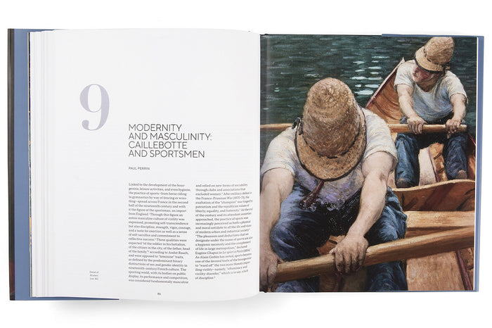 Open book showing a page with text and an illustration of two men rowing a boat.