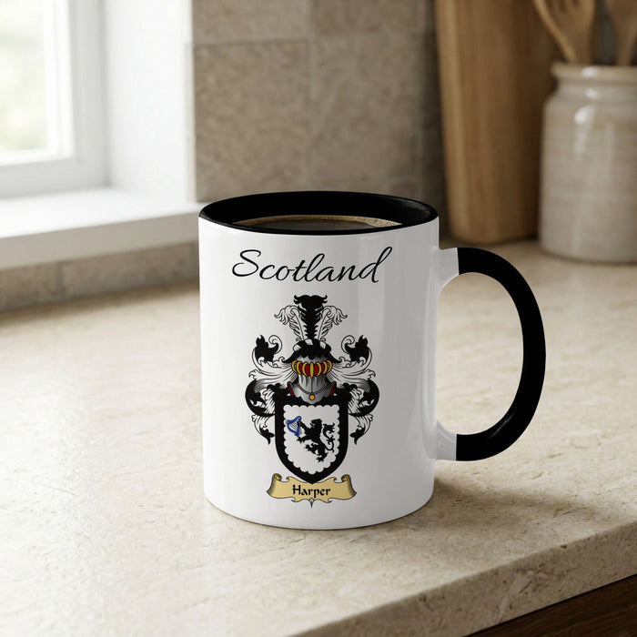 Harper Scottish family crest accent mug with Scotland lettering and coat of arms artwork