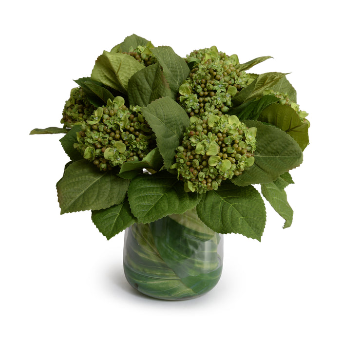Wholesale Faux Hydrangea Bud Bouquet Green in Leaf-Lined Glass Vase Indoor 12 Inches Tall - New Growth Designs