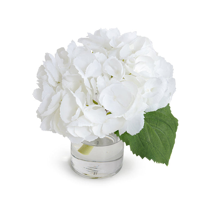 Modern Wholesale Faux Hydrangea Cutting Arrangement White in Glass Vase Indoor 8 Inches Tall - New Growth Designs