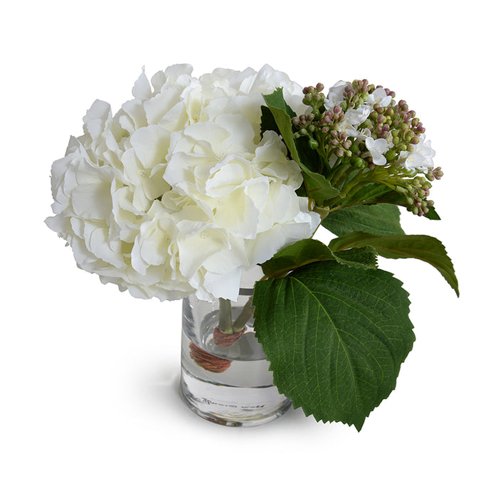 Realistic Wholesale Faux Hydrangea Cutting with Bud White in Glass Vase Indoor 9 Inches Tall - New Growth Designs