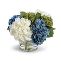 Wholesale Artificial Hydrangea Bouquet Blue Green White in Glass Vase Indoor 12 Inches Tall - New Growth Designs