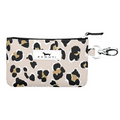Leopard print pouch with a keychain clip on a white background
