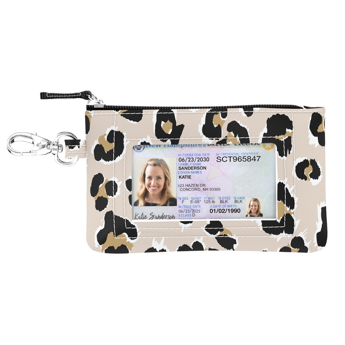 Leopard print pouch with card holder on a white background