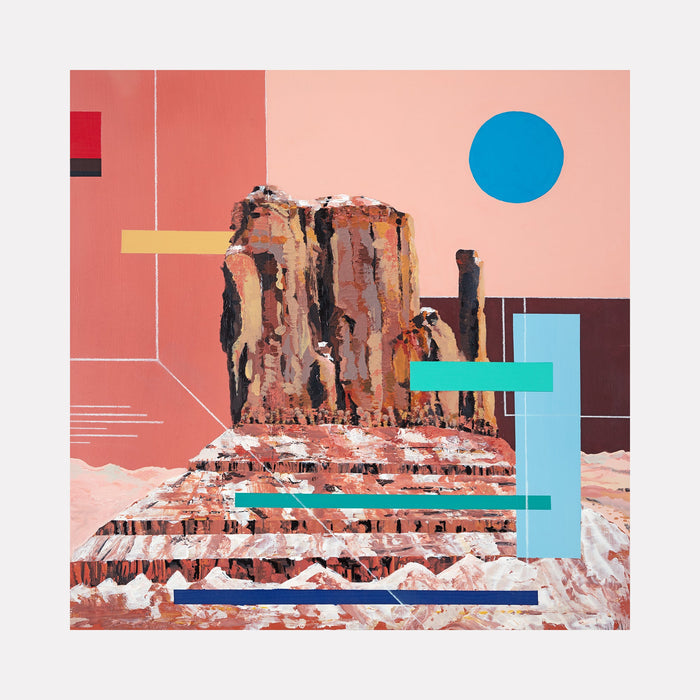 The artwork "I'll See You Soon" depicts a textured rock formation in earthy browns and reds set against a soft pink background with geometric shapes in blue, teal, yellow, and red. The style blends natural realism with abstract, modern elements emphasizing contrast and layering. Created by Adam Anglin.