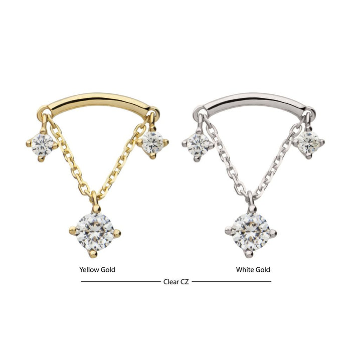 Invictus 14Kt Gold Threadless Curve Bar Top with Prong Set Gem & Chain Dangle