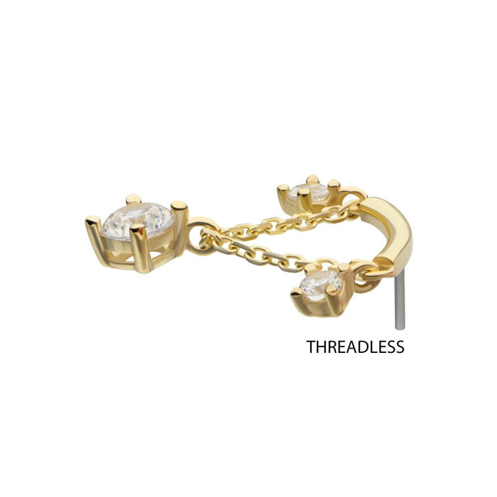 Invictus 14Kt Gold Threadless Curve Bar Top with Prong Set Gem & Chain Dangle
