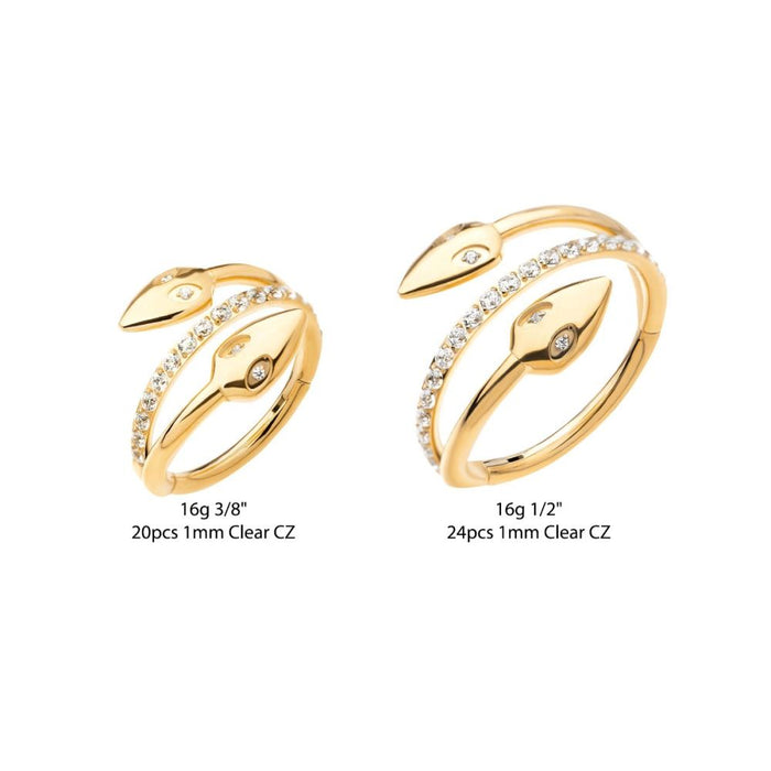 Invictus 24Kt Gold PVD Titanium Double Ended Twist Side Facing Hinged Segment Clicker with Clear CZ Snake Heads