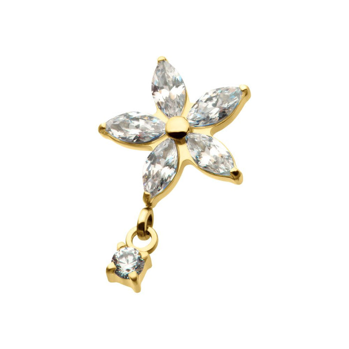 Invictus 24Kt Gold PVD Titanium Internally Threaded 5 Marquise CZ Flower Shape Top with Dangle Prong Set Round CZ