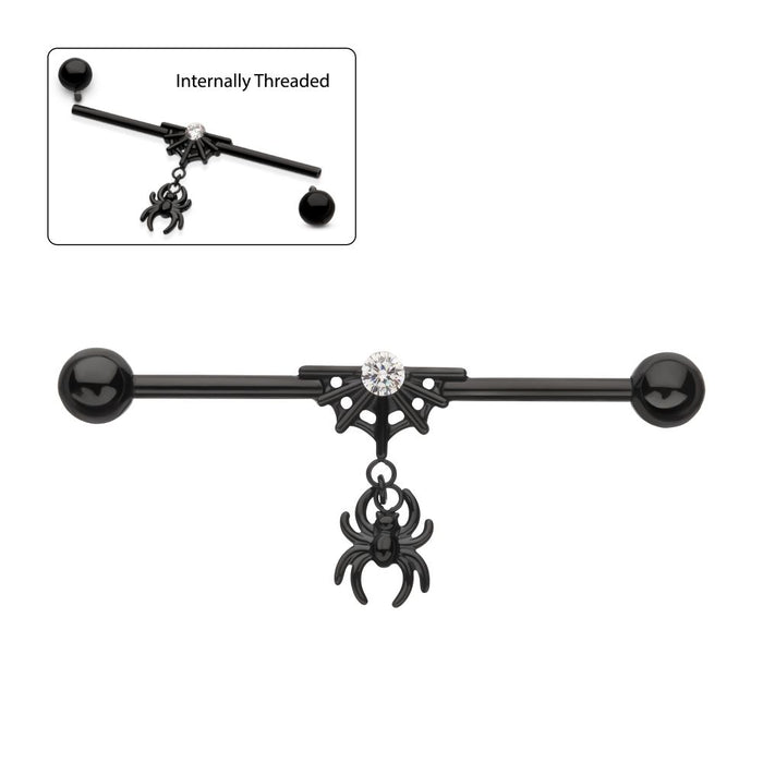 Invictus Black PVD Titanium Internally Threaded Gem Spiderweb with Spider Dangle & Ball End Industrial Barbell
