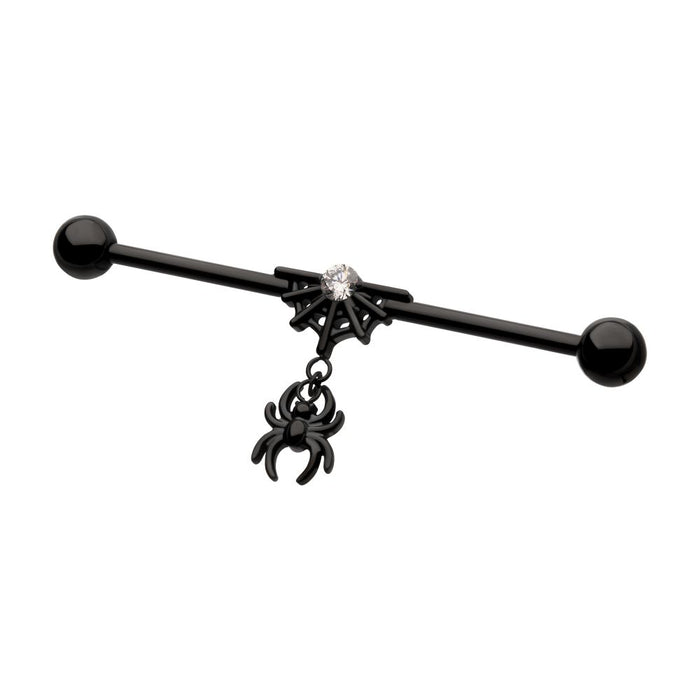 Invictus Black PVD Titanium Internally Threaded Gem Spiderweb with Spider Dangle & Ball End Industrial Barbell