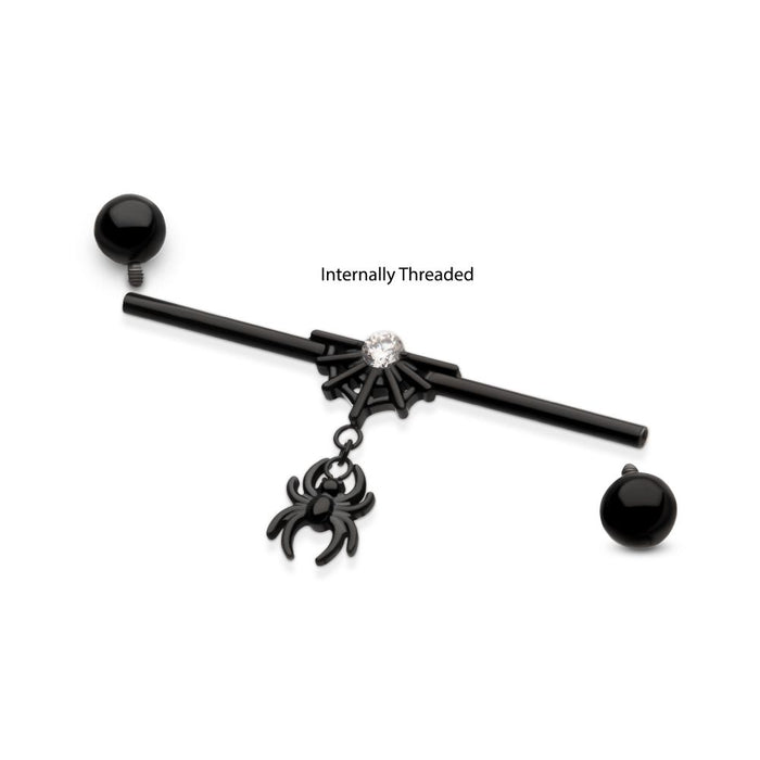 Invictus Black PVD Titanium Internally Threaded Gem Spiderweb with Spider Dangle & Ball End Industrial Barbell