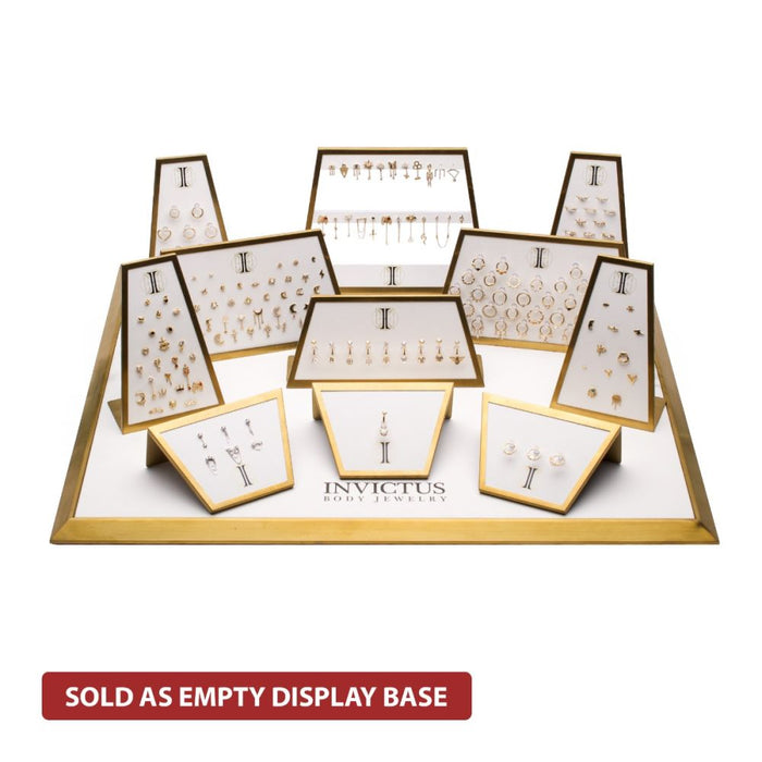 Invictus Satin Brass Frame on White Leatherette with 23-Pin Hole for Dangles Empty Display
