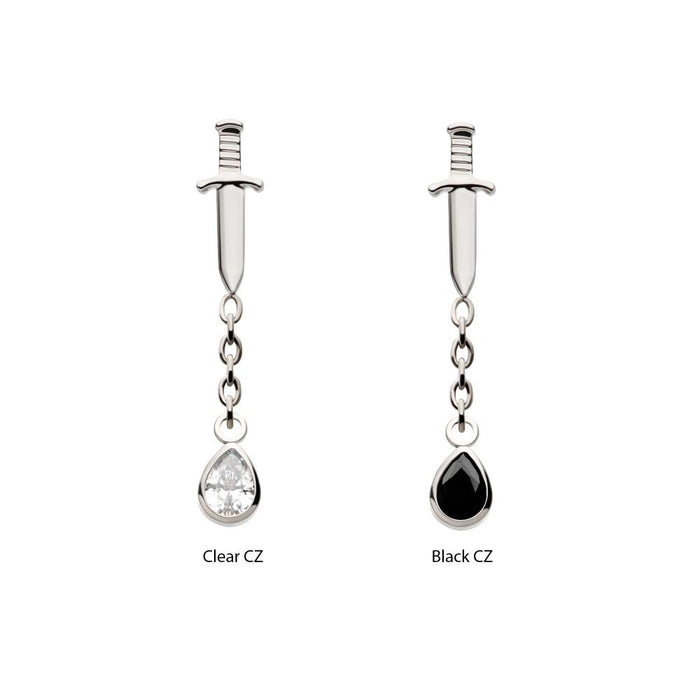 Invictus Titanium Internally Threaded Dangle Chain Bezel Teardrop CZ Dagger Top
