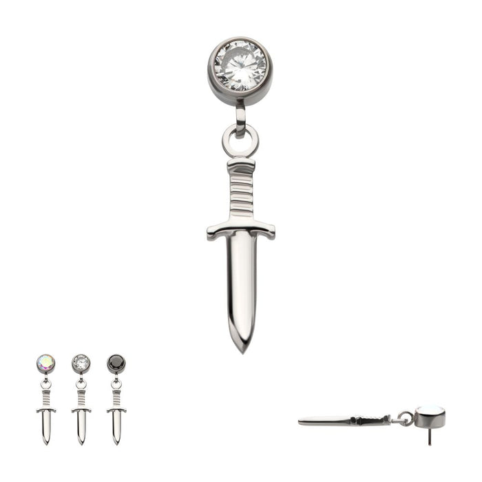 Invictus Titanium Threadless Bezel Round CZ Dangle Dagger Top