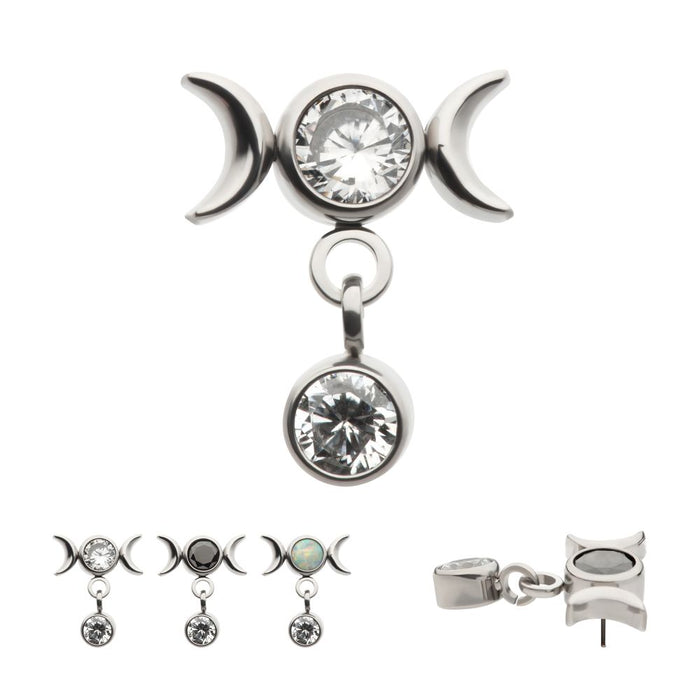 Invictus Titanium Threadless Dangle Bezel Round CZ Triple Moon Phase Gem Top