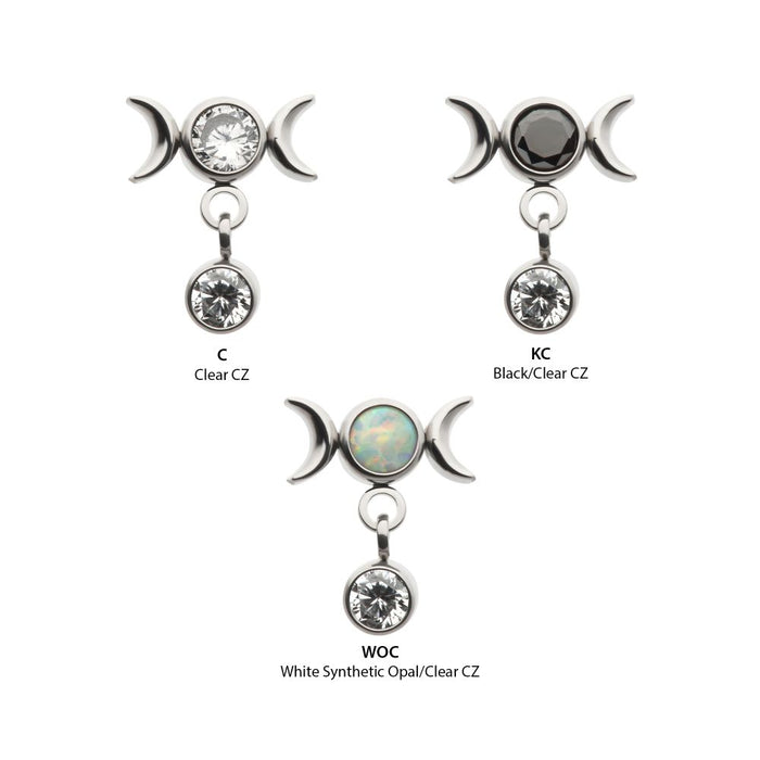 Invictus Titanium Threadless Dangle Bezel Round CZ Triple Moon Phase Gem Top