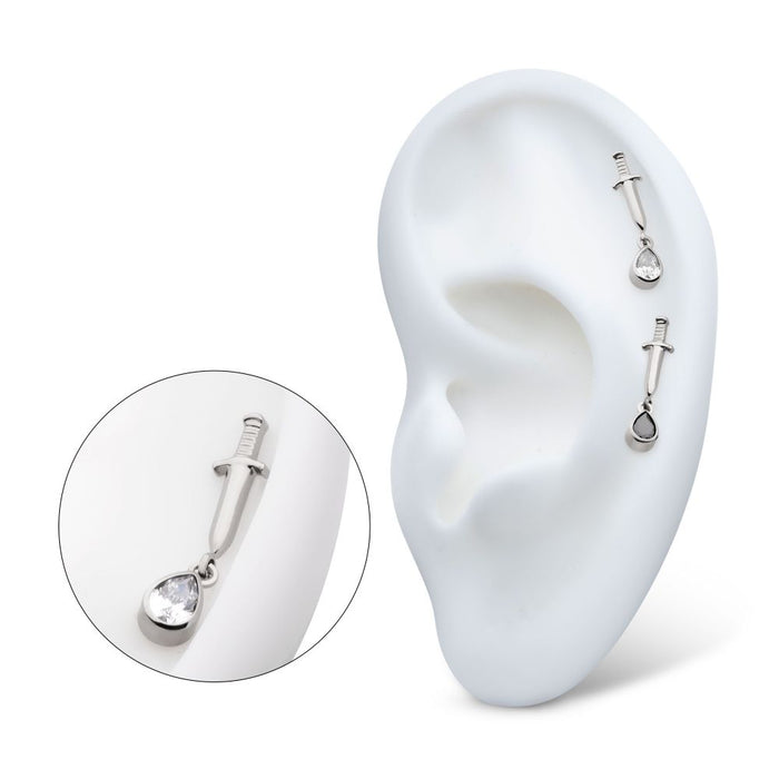 Invictus Titanium Threadless Dangle Bezel Teardrop Gem Dagger Top