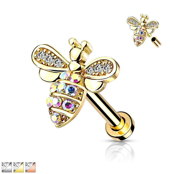 Bee Labret. 16G. Internally Threaded. 14kt Gold Plated. Clear and Aurora Borealis Gems. 6mm and 8mm lengths.