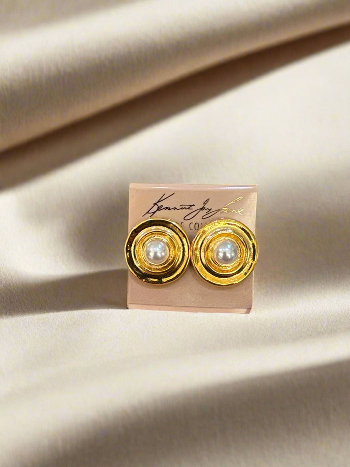 Kenneth Jay Lane Gold Earring with White Pearl Center Earrings - Mildred Hoit