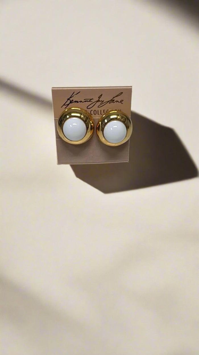 Kenneth Jay Lane Gold Round Button Clip Earring with White Cabochon Center - Mildred Hoit