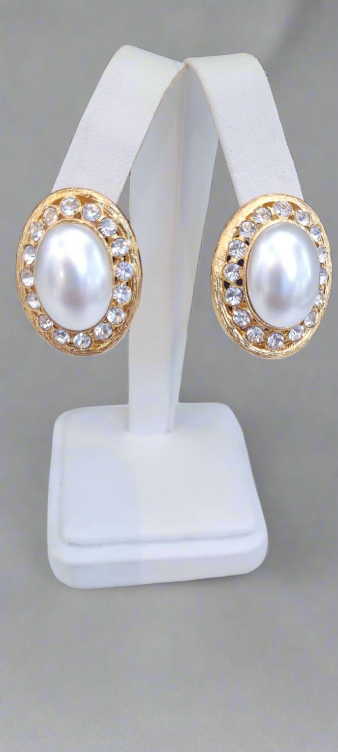 Kenneth Jay Lane Oval Gold, Crystal and Pearl Earrings - Mildred Hoit