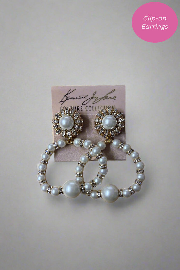Kenneth Jay Lane Pearl and Crystal Open Circle Clip Earrings - Mildred Hoit