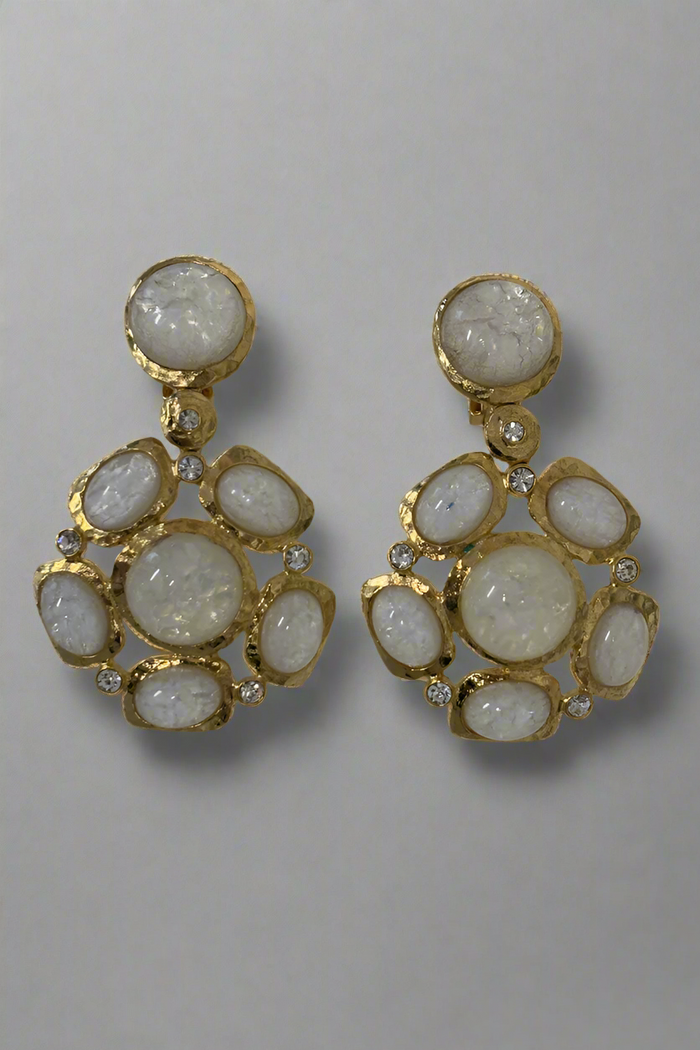 Kenneth Jay Lane Satin Gold and Crystal Opal Cabochon Earring - Mildred Hoit