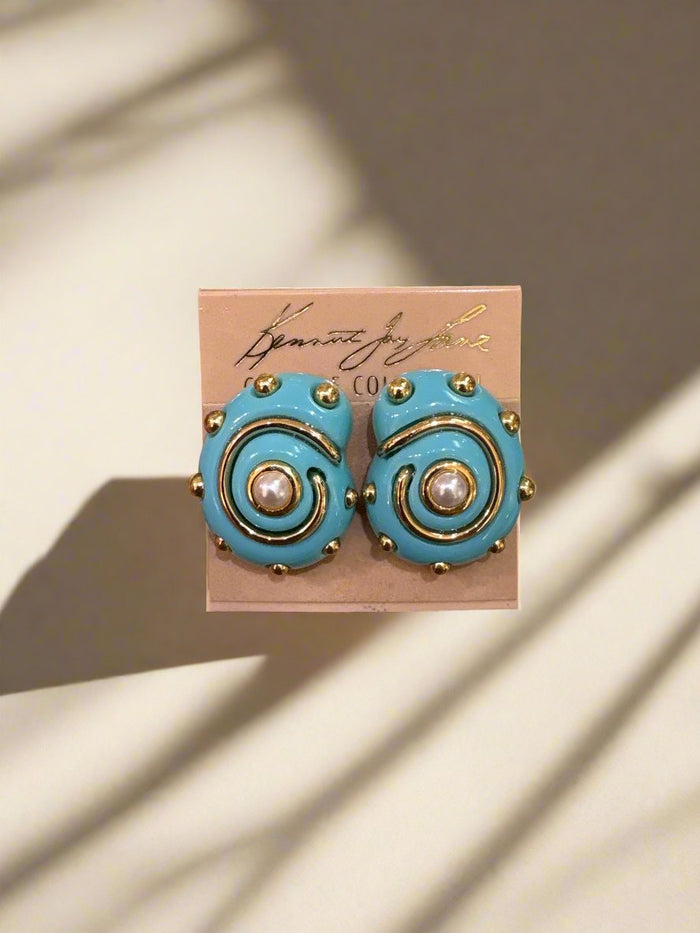 Kenneth Jay Lane Turquoise Snail Earrings with Gold Dots Earrings - Mildred Hoit