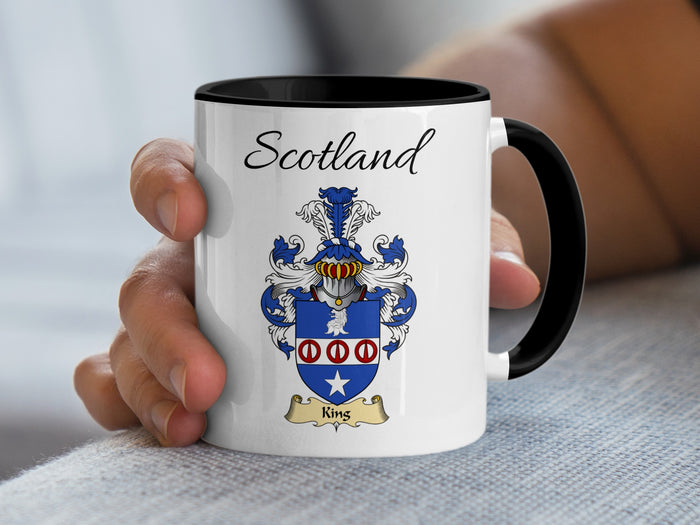 King Scottish family crest accent mug with Scotland above the coat of arms design