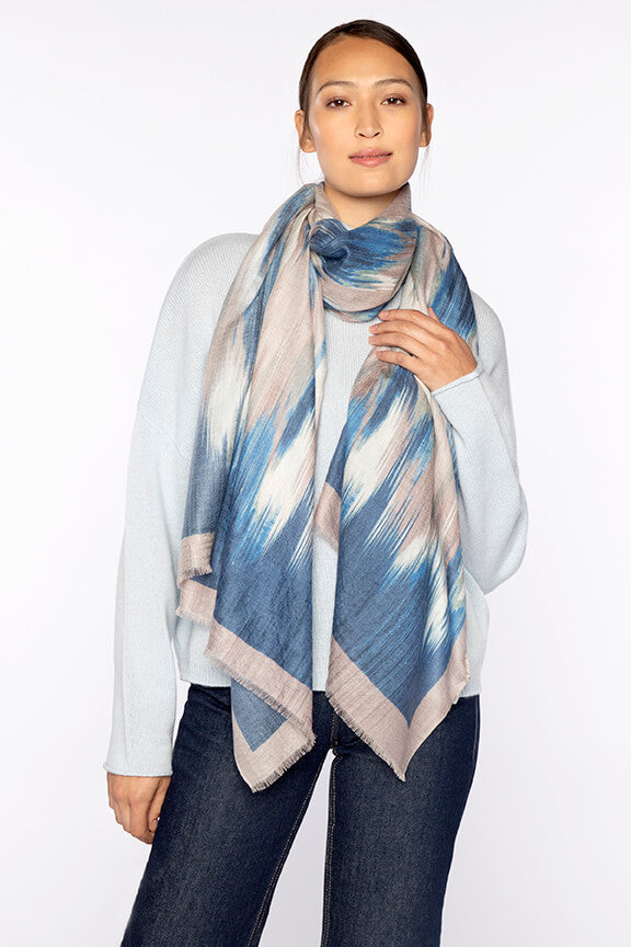 Kinross Brushed Ikat Print Scarf in Sapphire Multi - Mildred Hoit