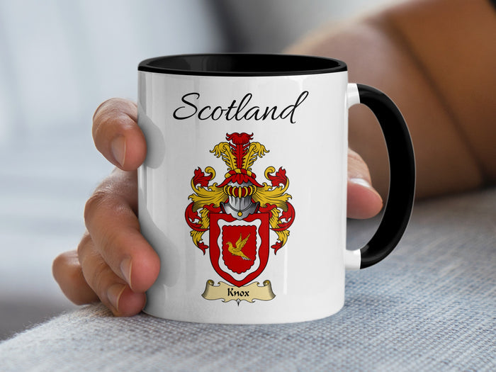 Knox Scottish family crest accent mug with Scotland above the coat of arms design