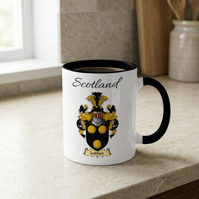 Laidlaw Scottish family crest accent mug with Scotland lettering and coat of arms artwork
