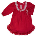 red gown with lacing by the neckline and a little red bow.