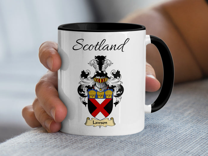 Lawson Scottish family crest accent mug with Scotland above the coat of arms design
