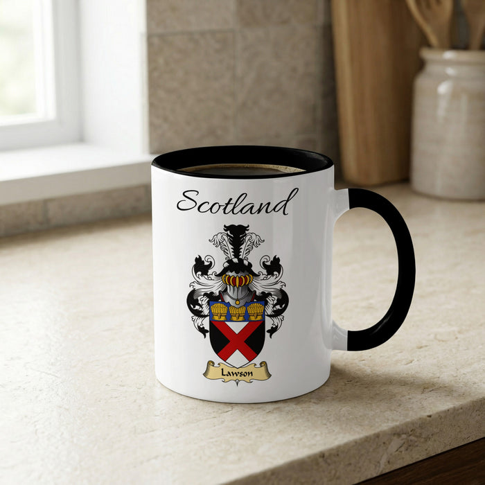 Lawson Scottish family crest accent mug with Scotland lettering and coat of arms artwork