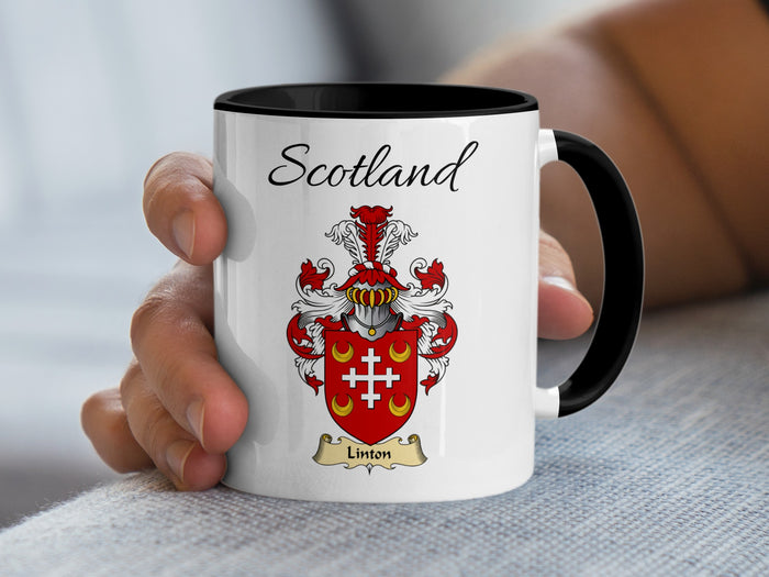 Linton Scottish family crest accent mug with Scotland above the coat of arms design