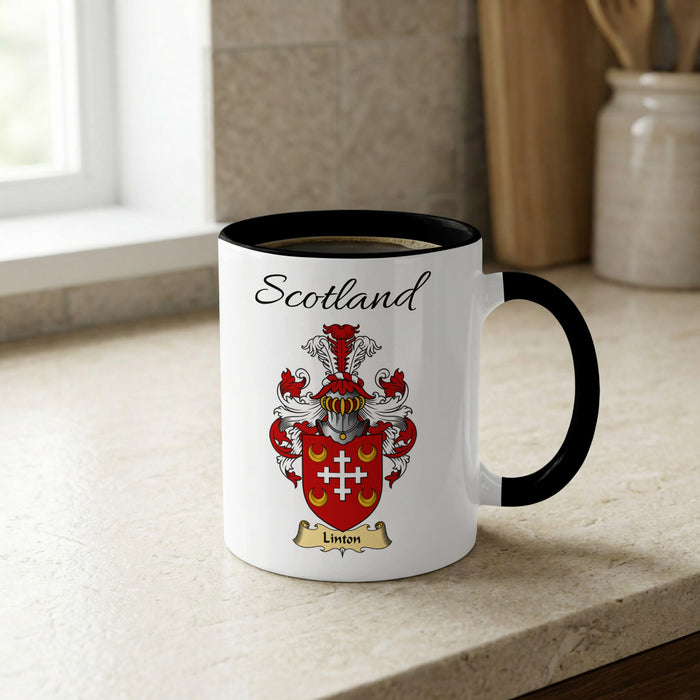 Linton Scottish family crest accent mug with Scotland lettering and coat of arms artwork
