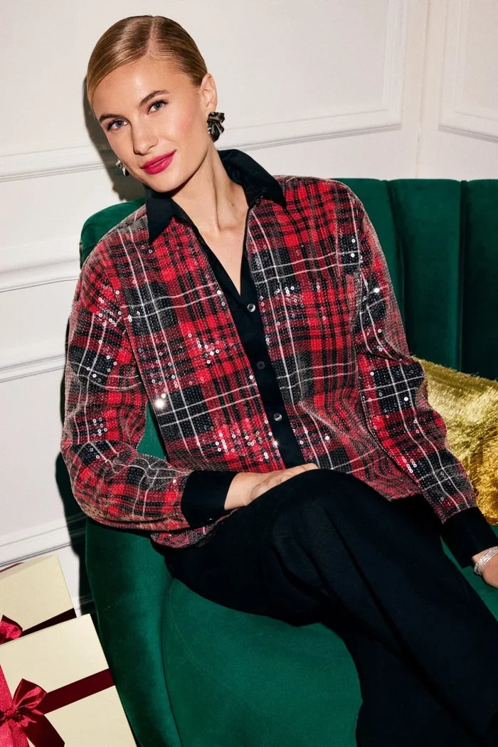 Marina Long Sleeve Sequin Plaid Shirt in Red - Mildred Hoit