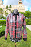 Marina Long Sleeve Sequin Plaid Shirt in Red - Mildred Hoit