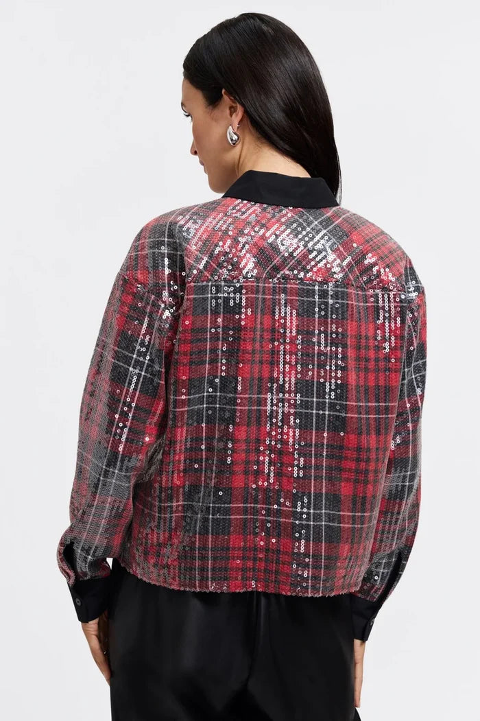Marina Long Sleeve Sequin Plaid Shirt in Red - Mildred Hoit