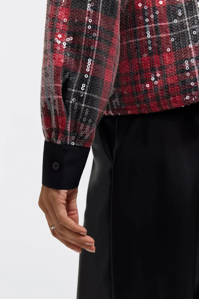 Marina Long Sleeve Sequin Plaid Shirt in Red - Mildred Hoit